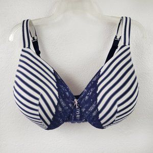 Cacique Bra Size 42DDD White Blue Striped Stripes Full Coverage Lightly Lined